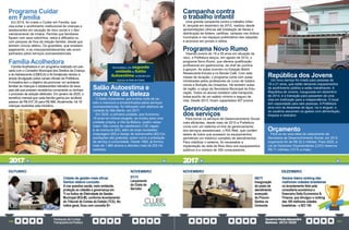 PrestaçãodeContas
TransparênciaPública
GovernoPauloAlexandre
Barbosa•2013/2020
150 151
Família Acolhedora
Família Acolhedora é um programa realizado em par-
ceria com o Conselho Municipal dos Direitos da Criança
e do Adolescente (CMDCA) e foi fortalecido devido à
ampla divulgação pelos canais oficiais da Prefeitura.
A iniciativa tem o objetivo de promover um ambiente
familiar às crianças e adolescentes retirados de seus
pais até que possam recebê-los novamente ou tenham
o processo de adoção efetivado. Em janeiro de 2020, o
benefício mensal que cada família ganha por acolhido
passou de R$ 437,35 para R$ 998. Atualmente, há 18
crianças recebidas pela iniciativa.
Programa Cuidar
em Família
Em 2014, foi criado o Cuidar em Família, que
visa evitar o acolhimento institucional de crianças e
adolescentes em situação de risco social e o des-
membramento de irmãos. Permite que familiares
fiquem com seus sobrinhos, netos e afilhados ou
com pessoas de fora da relação familiar, desde que
tenham vínculo afetivo. Os guardiões, que recebem
pagamento, e as crianças/adolescentes são acom-
panhados pelos serviços socioassistenciais.
Vila da Beleza, com segunda
unidadedo Salão
Autoestima, construída com
recursos do Baile da Cidade
Salão Autoestima e
nova Vila da Beleza
O Salão Autoestima, que ensina corte de ca-
belo e manicure a encaminhados pelos serviços
socioassistenciais, foi reforçado com abertura da
unidade do São Bento, em 2017.
Em 2020, a primeira unidade, que funcionou
18 anos em imóvel alugado, se mudou para uma
unidade própria, a Vila da Beleza, quatro vezes
maior. São cursos de cabeleireiro (100 vagas)
e de manicure (60), além de duas novidades:
maquiagem (60) e design de sobrancelha (60).Ca-
pacitações são gratuitas, assim como a prestação
de serviço à comunidade. Desde 1992, já formou
mais de 1.880 alunos e atendeu mais de 202 mil
santistas.
NOVEMBRO
01/11
Lançamento
do Clube do
Servidor
OUTUBRO
Cidade de gestão mais eficaz
Santos obteve conceito
A nos quesitos saúde, meio ambiente,
proteção ao cidadão e governança em
TI no Índice de Efetividade de Gestão
Municipal (IEG-M), conforme levantamento
do Tribunal de Contas do Estado (TCE). No
índice geral, ficou com conceito B+
Campanha contra
o trabalho infantil
Uma grande campanha contra o trabalho infan-
til, lançada em dezembro de 2015, realizou desde
apresentações cênicas até instalação de faixas e
distribuição de folders, cartilhas, cartazes nos ônibus
municipais e nos espaços publicitários das calçadas
e anúncios em jornais e rádios.
Gerenciamento
dos serviços
Para tornar os serviços de Desenvolvimento Social
mais eficientes, desde maio de 2015 a Prefeitura
conta com um sistema on-line de gerenciamento
dos serviços assistenciais, o RIS Web, que contém
dados de todos que acessam os equipamentos,
permitindo um histórico completo de atendimentos.
Para viabilizar o sistema, foi necessária a
implantação da rede de fibra ótica nos equipamentos
públicos e a compra de 256 computadores.
Programa Novo Rumo
Visando jovens de 18 a 29 anos em situação de
risco, a Prefeitura lançou, em agosto de 2014, o
programa Novo Rumo, que oferece qualificação
profissional em gastronomia, de chef de cozinha
a garçom. As aulas ocorrem no Estação Bistrô
Restaurante-Escola e no Bonde Café. Com sete
meses de duração, o programa conta com aulas
ministradas pelos professores do curso de Gastro-
nomia e Nutrição da Unisantos. Há também aulas
de inglês, a cargo da Secretaria Municipal de Edu-
cação. Todos os alunos recebem vale transporte,
bolsa-auxílio de um salário mínimo e seguro de
vida. Desde 2013, foram capacitados 407 jovens.
República dos Jovens
Um novo serviço foi criado para pessoas de
18 a 21 anos, que estão deixando equipamentos
de acolhimento público e estão trabalhando. A
República de Jovens, inaugurada em dezembro
de 2014, é a transição para passarem de uma
vida em instituição para a independência. O local
tem capacidade para seis pessoas. A Prefeitura
arca com as despesas de água, luz e aluguel, e
os usuários assumem os gastos com alimentação,
limpeza e vestuário.
Orçamento
Para se ter uma ideia do crescimento da
Secretaria de Desenvolvimento Social, em 2012
orçamento foi de R$ 32,3 milhões. Para 2020, a
Lei de Diretrizes Orçamentárias (LDO) reservou
R$ 71 milhões (121% a mais).
06/11
Inauguração
do posto de
atendimento
avançado
do Procon-
Santos na
Unimonte
Santos lidera ranking das
melhores cidades brasileiras
no levantamento feito pela
consultoria econômica e
financeira Delta Economics &
Finance, que divulgou o ranking
das 100 melhores cidades
brasileiras - o BCI 100
NOVEMBRO DEZEMBRO
2017 2017
 