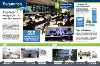PrestaçãodeContas
TransparênciaPública
GovernoPauloAlexandre
Barbosa•2013/2020
164 165
Construído no embasamento do Paço
Municipal, o Centro de Controle Opera-
cional (CCO) oferece imagens em tempo
real, a partir de 1.450 câmaras para servi-
ços como os de segurança, trânsito, Defe-
sa Civil, Samu e Bombeiros.
Inaugurado em 2020, o espaço de mil
metros quadrados dispõe de 21 postos
de trabalho, cada um com três monitores,
e uma parede com 16 telas de 70 polega-
das cada.
Além da sala de controle, o CCO conta
ainda com sala de crise, com cinco telas
de 65 polegadas cada; sala de atendi-
mento, para onde são direcionadas liga-
ções de emergência; refeitório e sala de
segurança, destinada a investigações.
Ampliação e
integração do
monitoramento
Segurança
CCO
deu nova
configuração ao
embasamento do
Paço Municipal
26/01
Inauguração
da UME Padre
Francisco Leite,
com a presença
do governador
Geraldo Alckmin
JANEIRO
ANTES
Câmeras de
monitoramento
1.259
NOVAS
CÂMERAS
instaladas
nos últimos
8 anos
Cidade Resiliente
Em 2013, Santos obteve o selo de “Cidade
Resiliente”, da Estratégia Internacional para
a Redução de Desastres, da ONU. Entre as
ações adotadas para o reconhecimento do
Município estão o programa Segurança nas
Escolas e alertas emitidos à comunidade
sobre chuvas e ventos fortes, além de
ressacas e altas da maré.
26/01
Entrega da
modernização
do Centro de
Capacitação
Darcy Ribeiro
JANEIRO
Investimento: Município,
Estado e BNDES
R$32 milhões
QUANTIDADE
DE CÂMERAS
2012 2020
191
1.450
Distribuídas por toda a Cida-
de, 1.450 câmeras compõem
atualmente o Sistema Integrado
de Monitoramento da Prefeitura.
São sete vezes mais que em
2012, quando o Município conta-
va com 191 unidades.
2018 2018
AUMENTO
DE
660%
 
