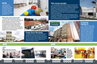 PrestaçãodeContas
TransparênciaPública
GovernoPauloAlexandre
Barbosa•2013/2020
176 177
Creas Zona Noroeste
Inaugurado em 2014, o novo Centro de Referência
Especializado de Assistência Social (Creas) Zona
Noroeste e Morros foi implantado para melhor atender
as vítimas de violência física, psicológica e abandono,
além de denúncias de trabalho infantil. Antes, as duas
regiões respondiam por 40% do trabalho de outro
Creas, que funciona no Paquetá.
Atenção psicossocial
No mesmo imóvel onde funciona a Serfis, foi
instalado, em 2016, o Centro de Atenção Psicossocial
da Zona Noroeste, serviço pioneiro no Brasil ao
fornecer atendimento 24 horas por dia. Já em
2019, para oferecer melhor estrutura e aprimorar
os atendimentos de crianças e adolescentes, foi
inaugurado o Centro de Atenção Psicossocial
Infantojuvenil. O novo ambiente, além de adequado
às necessidades do serviço, conta com espaços para
atividades ao ar livre que permitem maior convívio e
interação entre as pessoas assistidas.
Serfis
Em 2016, a Zona
Noroeste ganhou um
serviço específico para
reabilitação física. Situada
em moderna edificação,
na Rua Bulcão Vianna, no
Bom Retiro, a Seção de
Recuperação e Fisioterapia
tem capacidade para 200
pacientes ao mês.
JUNHO
30/06
Entrega da Vila Criativa da Vila Nova
29
em
Três novas escolas
Com a inauguração da escola Maria Lucia Prandi, em 2019, no São
Jorge, a Zona Noroeste ganhou mais 172 vagas em rede municipal
para crianças de até 4 anos. Com salas climatizadas, a unidade possui
brinquedoteca e pátio aberto com parque sonoro, além de cozinha e
refeitório envidraçados, permitindo entrada de mais luz natural.
No mesmo ano, o Piratininga também ganhou uma escola de
educação infantil, a Luiz Alca Sant’Anna, com capacidade para até 112
crianças de até 5 anos e com este novo padrão para melhor acolher as
crianças e os profissionais.
Em seu último dia de mandato, Paulo Alexandre Barbosa entregou o
novo prédio da UME Waldery de Almeida, com capacidade para mais
de 600 alunos. Uma grande transformação para a comunidade escolar
do Santa Maria, que saiu de uma unidade em condições precárias
para a mais moderna escola da Zona Noroeste.
Conjunto
Santos O
Com o objetivo de retirar 205 fa-
mílias de áreas de mangue do São
Manoel, priorizando aquelas cujas
moradias apresentavam risco de
desmoronamento, a Prefeitura e
o governo do Estado entregaram,
entre 2018 e 2019, 205 aparta-
mentos do conjunto habitacional
Santos O, no mesmo bairro. As
unidades possuem dois ou três
dormitórios, com piso cerâmico,
além de cozinha e banheiro com
azulejos. Pavimentada, a área
comum do conjunto conta com
estacionamento e paisagismo.
contempladas
205 famílias
JULHO
05/07
Inauguração
do Núcleo de
Educação para
a Paz e entrega
das primeiras
estudiotecas do
projeto Escolas
que Inovam
2018 2018
 