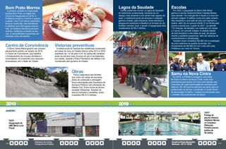 PrestaçãodeContas
TransparênciaPública
GovernoPauloAlexandre
Barbosa•2013/2020
196 197
Centro de Convivência
O Morro Santa Maria ganhou seu primeiro
equipamento público em janeiro de 2015.
O Centro de Convivência, que trabalha
o fortalecimento de vínculos familiares e
comunitários, foi construído com recursos
arrecadados com o Baile da Cidade.
Obras
Para a segurança das famílias
que vivem em áreas de encostas,
obras de contenção e drenagem
foram executadas pela Secretaria de
Serviços Públicos sob orientação da
Defesa Civil. Entre muros de arrimo,
escadas hidráulicas, fixações de
blocos rochosos e canaletas, foram
investidos R$ 37,9 milhões.
Vistorias preventivas
A média anual de vistorias em residências localizadas
em áreas de risco na Cidade dobrou entre 2013 e 2020,
passando de 1,5 mil para 3 mil. As ações são iniciadas
antes do período mais chuvoso do ano e se estendem
por meses, durante o Plano Preventivo de Defesa Civil,
coordenado pelo governo do Estado.
Bom Prato Morros
A primeira unidade do restaurante
popular Bom Prato na região dos
morros foi inaugurada em 2016. A
Prefeitura comprou o terreno e ergueu
o prédio, com 2 mil metros quadrados
de área construída, dois elevadores
e refeitório com 304 lugares disponí-
veis. Os andares inferiores possuem
cozinha, vestiários e entrada de ser-
viço. A acessibilidade é garantida por
escadas e dois elevadores.
JANEIRO
04/01
Inauguração da
UME Maria Lucia
Prandi
29
em
Escolas
Em 2020, a população do Morro São Bento
ganhou a escola Terezinha Maria Calçada Bastos
para atender 133 crianças de 4 meses a 5 anos em
período integral. O edifício conta com pátio coberto,
dois berçários e uma sala de aula com banheiro e
solário, além de um parque infantil. E na Penha está
pronta a escola que, a partir de 2021, vai atender
172 crianças, de berçário I ao maternal II (4 meses
a 3 anos), em período integral. A unidade dispõe
de dois berçários e seis salas de aula, de parque
infantil e sanitários acessíveis, além de câmeras de
monitoramento e climatização.
Também foram investidos R$ 982 mil na instalação
de uma cobertura na quadra da escola. Um
investimento de R$ 982 mil com custo zero pela
Prefeitura, por meio do Trimmc.
Lagoa da Saudade
Cartão postal dos morros, a Lagoa da Saudade
foi totalmente modernizada, tornando-se um
espaço mais atraente e com ainda mais opções de
lazer: o tradicional ponto de encontro e visitação
ganhou mirante, palco flutuante, fonte interativa e
playground acessível e interativo no formato de um
lendário morador local, o jacaré. A repaginação teve
investimento de R$ 2 milhões.
Samu na Nova Cintra
Em 2018, a Prefeitura inaugurou uma base
do Samu no Morro da Nova Cintra, onde uma
ambulância permanece 24 horas para atender aos
chamados de urgência/emergência recebidos pelo
telefone 192. No local há estrutura de apoio para os
profissionais do serviço. Localizado no andar térreo
da associação do bairro, o espaço é estruturado para
o trabalho dos profissionais de saúde.
24/01
Entrega da
piscina olímpica
Adalberto Mariani
no Complexo
Rebouças.
Primeira piscina
pública de
50 metros.
2019 2019
 