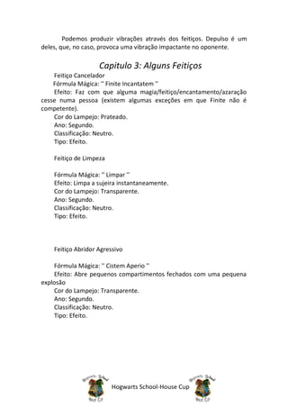 Podemos produzir vibrações através dos feitiços. Depulso é um
deles, que, no caso, provoca uma vibração impactante no oponente.

                    Capitulo 3: Alguns Feitiços
    Feitiço Cancelador
    Fórmula Mágica: '' Finite Incantatem ''
    Efeito: Faz com que alguma magia/feitiço/encantamento/azaração
cesse numa pessoa (existem algumas exceções em que Finite não é
competente).
    Cor do Lampejo: Prateado.
    Ano: Segundo.
    Classificação: Neutro.
    Tipo: Efeito.

    Feitiço de Limpeza

    Fórmula Mágica: '' Limpar ''
    Efeito: Limpa a sujeira instantaneamente.
    Cor do Lampejo: Transparente.
    Ano: Segundo.
    Classificação: Neutro.
    Tipo: Efeito.



    Feitiço Abridor Agressivo

    Fórmula Mágica: '' Cistem Aperio ''
    Efeito: Abre pequenos compartimentos fechados com uma pequena
explosão
    Cor do Lampejo: Transparente.
    Ano: Segundo.
    Classificação: Neutro.
    Tipo: Efeito.




                         Hogwarts School-House Cup
 