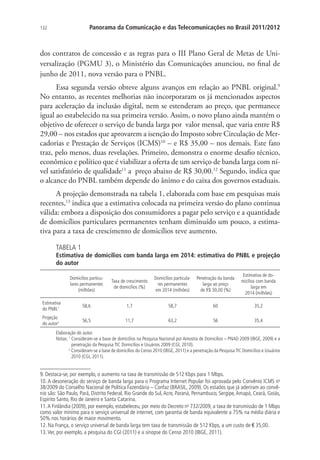 Panorama da Comunicação e das Telecomunicações no Brasil 2011/2012

132

dos contratos de concessão e as regras para o III Plano Geral de Metas de Universalização (PGMU 3), o Ministério das Comunicações anunciou, no final de
junho de 2011, nova versão para o PNBL.
Essa segunda versão obteve alguns avanços em relação ao PNBL original.9
No entanto, as recentes melhorias não incorporaram os já mencionados aspectos
para aceleração da inclusão digital, nem se estenderam ao preço, que permanece
igual ao estabelecido na sua primeira versão. Assim, o novo plano ainda mantém o
objetivo de oferecer o serviço de banda larga por valor mensal, que varia entre R$
29,00 – nos estados que aprovarem a isenção do Imposto sobre Circulação de Mercadorias e Prestação de Serviços (ICMS)10 – e R$ 35,00 – nos demais. Este fato
traz, pelo menos, duas revelações. Primeiro, demonstra o enorme desafio técnico,
econômico e político que é viabilizar a oferta de um serviço de banda larga com nível satisfatório de qualidade11 a preço abaixo de R$ 30,00.12 Segundo, indica que
o alcance do PNBL também depende do ânimo e do caixa dos governos estaduais.
A projeção demonstrada na tabela 1, elaborada com base em pesquisas mais
recentes,13 indica que a estimativa colocada na primeira versão do plano continua
válida: embora a disposição dos consumidores a pagar pelo serviço e a quantidade
de domicílios particulares permanentes tenham diminuído um pouco, a estimativa para a taxa de crescimento de domicílios teve aumento.
TABELA 1

Estimativa de domicílios com banda larga em 2014: estimativa do PNBL e projeção
do autor
Domicílios particulares permanentes
(milhões)

Taxa de crescimento
de domicílios (%)

Domicílios particulares permanentes
em 2014 (milhões)

Penetração da banda
larga ao preço
de R$ 30,00 (%)

Estimativa de domicílios com banda
larga em
2014 (milhões)

Estimativa
do PNBL1

58,6

1,7

58,7

60

35,2

Projeção
do autor2

56,5

11,7

63,2

56

35,4

Elaboração do autor.
Notas: 1  onsideram-se a base de domicílios na Pesquisa Nacional por Amostra de Domicílios – PNAD 2009 (IBGE, 2009) e a
C
penetração da Pesquisa TIC Domicílios e Usuários 2009 (CGI, 2010).
2
C
 onsideram-se a base de domicílios do Censo 2010 (IBGE, 2011) e a penetração da Pesquisa TIC Domicílios e Usuários
2010 (CGI, 2011).

9. Destaca-se, por exemplo, o aumento na taxa de transmissão de 512 Kbps para 1 Mbps.
10. A desoneração do serviço de banda larga para o Programa Internet Popular foi aprovada pelo Convênio ICMS no
38/2009 do Conselho Nacional de Política Fazendária – Confaz (BRASIL, 2009). Os estados que já aderiram ao convênio são: São Paulo, Pará, Distrito Federal, Rio Grande do Sul, Acre, Paraná, Pernambuco, Sergipe, Amapá, Ceará, Goiás,
Espírito Santo, Rio de Janeiro e Santa Catarina.
11. A Finlândia (2009), por exemplo, estabeleceu, por meio do Decreto no 732/2009, a taxa de transmissão de 1 Mbps
como valor mínimo para o serviço universal de internet, com garantia de banda equivalente a 75% na média diária e
50% nos horários de maior movimento.
12. Na França, o serviço universal de banda larga tem taxa de transmissão de 512 Kbps, a um custo de € 35,00.
13. Ver, por exemplo, a pesquisa do CGI (2011) e a sinopse do Censo 2010 (IBGE, 2011).

 