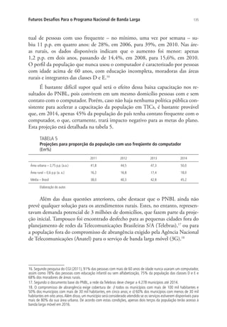 Futuros Desafios Para o Programa Nacional de Banda Larga

135

tual de pessoas com uso frequente – no mínimo, uma vez por semana – subiu 11 p.p. em quatro anos: de 28%, em 2006, para 39%, em 2010. Nas áreas rurais, os dados disponíveis indicam que o aumento foi menor: apenas
1,2 p.p. em dois anos, passando de 14,4%, em 2008, para 15,6%, em 2010.
O perfil da população que nunca usou o computador é caracterizado por pessoas
com idade acima de 60 anos, com educação incompleta, moradoras das áreas
rurais e integrantes das classes D e E.16
É bastante difícil supor qual será o efeito dessa baixa capacitação nos resultados do PNBL, pois convivem em um mesmo domicílio pessoas com e sem
contato com o computador. Porém, caso não haja nenhuma política pública consistente para acelerar a capacitação da população em TICs, é bastante provável
que, em 2014, apenas 45% da população do país tenha contato frequente com o
computador, o que, certamente, trará impacto negativo para as metas do plano.
Esta projeção está detalhada na tabela 5.
TABELA 5

Projeções para proporção da população com uso freqüente do computador
(Em%)
2011

2012

2013

2014

Área urbana – 2,75 p.p. (a.a.)

41,8

44,5

47,3

50,0

Área rural – 0,6 p.p. (a. a.)

16,2

16,8

17,4

18,0

Média – Brasil

38,0

40,3

42,8

45,2

Elaboração do autor.

Além das duas questões anteriores, cabe destacar que o PNBL ainda não
prevê qualquer solução para os atendimentos rurais. Estes, no entanto, representavam demanda potencial de 3 milhões de domicílios, que fazem parte da projeção inicial. Tampouco foi encontrado desfecho para as pequenas cidades fora do
planejamento de redes da Telecomunicações Brasileiras S/A (Telebras),17 ou para
a população fora do compromisso de abrangência exigido pela Agência Nacional
de Telecomunicações (Anatel) para o serviço de banda larga móvel (3G).18

16. Segundo pesquisa do CGI (2011), 91% das pessoas com mais de 60 anos de idade nunca usaram um computador,
assim como 78% das pessoas com educação infantil ou sem alfabetização, 75% da população das classes D e E e
68% dos moradores de áreas rurais.
17. Segundo o documento base do PNBL, a rede da Telebras deve chegar a 4.278 municípios até 2014.
18. O compromisso de abrangência exige cobertura de: i) todos os municípios com mais de 100 mil habitantes e
50% dos municípios com mais de 30 mil habitantes, em cinco anos; e ii) 60% dos municípios com menos de 30 mil
habitantes em oito anos. Além disso, um município será considerado atendido se os serviços estiverem disponíveis para
mais de 80% da sua área urbana. De acordo com estas condições, apenas dois terços da população terão acesso à
banda larga móvel em 2016.

 