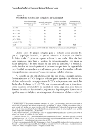 Futuros Desafios Para o Programa Nacional de Banda Larga

137

TABELA 6

Densidade de domicílios com computador, por classe social
Domicílios particulares
permanentes em 2014
(milhões)
Até 1 SM

Densidade de acesso em
banda larga (%)

Domicílios particulares
permanentes sem banda
larga em 2014 (milhões)

Demanda potencial
desatendida em 2014
(milhões)

9,1

29

6,5

5,6

De 1 a 2 SMs

14,4

49

7,3

5,9

De 2 a 3 SMs

11,1

64

4,0

2,9

De 3 a 5 SMs

13,2

74

3,4

2,1

De 5 a 10 SMs

9,9

86

1,4

–

5,5

79

Acima de 10 SMs
Total

63,2

1,2

–

23,8

16,5

Elaboração do autor a partir de dados da PNAD (IBGE, 2003-2009) e TIC Domicílios e Usuários (CGI, 2006-2011).

Assim, antes de propor soluções para a inclusão dessa enorme fração da população brasileira, é preciso conhecer a situação das famílias
de baixa renda. O primeiro aspecto refere-se à sua renda. Além do limitado orçamento para bens e serviços de telecomunicações, por causa da
maior participação de itens básicos na sua cesta de consumo,21 o rendimento das famílias na base da pirâmide é caracterizado por falta de regularidade.
Isto é devido à natureza dos seus rendimentos, proveniente de trabalhos realizados
como profissionais autônomos22 ou do mercado de trabalho informal.
O segundo aspecto está relacionado ao tipo e ao grau de interação que essas
famílias têm com as TICs. Pesquisas indicam que os aparelhos de televisão e os
telefones celulares são os equipamentos de TICs mais presentes nos domicílios
das famílias de classes C, D e E.23 Por sua vez, contrastando com a situação anterior, o acesso a computadores e à internet em banda larga ainda estão bastante
distantes da realidade destas famílias, cujos índices de presença nos domicílios são
significativamente inferiores aos vistos para os televisores e os telefones celulares.24

21. A última edição da Pesquisa de Orçamentos Familiares – POF (IBGE, 2010) revela que, para famílias com renda de
até dois SMs, os gastos em bens e serviços de comunicação (telefone, TV, internet e celular) comprometem 1,9% da
renda mensal. Para famílias com renda entre dois e três SMs, a fração é de 2,7% da renda. Finalmente, para famílias
com renda de três a cinco SMs, 3,2% da renda é destinada aos bens e serviços de comunicação. A média geral das
famílias pesquisadas corresponde a 2,9% da renda.
22. A POF mais recente (IBGE, 2010) indica que quase um terço do rendimento do trabalho das famílias com renda de
até dois SMs provém de trabalhos por conta própria.
23. De acordo com CGI (2011), a densidade de domicílios com televisores na classe C é de 99%, enquanto nas classes
D e E este percentual é de 95%. Já no caso dos terminais móveis, o grau de penetração em domicílios da classe C é de
89%; nas classes D e E, este índice permanece ao redor de 63%.
24. A mais recente pesquisa do CGI (2011) indica que, na classe C, apenas 34% dos domicílios tem computador; nas
classes D e E, este valor tem queda de 5%. Com relação ao acesso à internet em banda larga, a situação de exclusão
é ainda mais intensa: 24% para a classe C e 3% para as classes D e E.

 