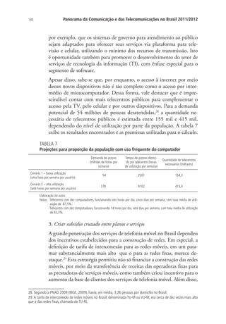 Panorama da Comunicação e das Telecomunicações no Brasil 2011/2012

140

por exemplo, que os sistemas de governo para atendimento ao público
sejam adaptados para oferecer seus serviços via plataforma para televisão e celular, utilizando o mínimo dos recursos de transmissão. Isto
é oportunidade também para promover o desenvolvimento do setor de
serviços de tecnologia da informação (TI), com ênfase especial para o
segmento de software.
Apesar disso, sabe-se que, por enquanto, o acesso à internet por meio
desses novos dispositivos não é tão completo como o acesso por intermédio de microcomputador. Dessa forma, vale destacar que é imprescindível contar com mais telecentros públicos para complementar o
acesso pela TV, pelo celular e por outros dispositivos. Para a demanda
potencial de 54 milhões de pessoas desatendidas,28 a quantidade necessária de telecentros públicos é estimada entre 155 mil e 415 mil,
dependendo do nível de utilização por parte da população. A tabela 7
exibe os resultados encontrados e as premissas utilizadas para o cálculo.
TABELA 7

Projeções para proporção da população com uso frequente do computador
Demanda de acesso
(milhões de horas por
semana)

Tempo de acesso oferecido por telecentro (horas
de utilização por semana)

Quantidade de telecentros
necessários (milhares)

Cenário 1 – baixa utilização
(uma hora por semana por usuário)

54

3501

154,3

Cenário 2 – alta utilização
(sete horas por semana por usuário)

378

9102

415,4

Elaboração do autor.
Notas: 1 Telecentro com dez computadores, funcionando oito horas por dia, cinco dias por semana, com taxa média de utilização de 87,5%.
2
Telecentro com dez computadores, funcionando 14 horas por dia, sete dias por semana, com taxa média de utilização
de 92,3%.

3. Criar subsídio cruzado entre planos e serviços
A grande penetração dos serviços de telefonia móvel no Brasil dependeu
dos incentivos estabelecidos para a construção de redes. Em especial, a
definição de tarifa de interconexão para as redes móveis, em um patamar substancialmente mais alto que o para as redes fixas, merece destaque.29 Esta estratégia permitiu não só financiar a construção das redes
móveis, por meio da transferência de receitas das operadoras fixas para
as prestadoras de serviços móveis, como também criou incentivo para o
aumento da base de clientes dos serviços de telefonia móvel. Além disso,
28. Segundo a PNAD 2009 (IBGE, 2009), havia, em média, 3,26 pessoas por domicílio no Brasil.
29. A tarifa de interconexão de redes móveis no Brasil, denominada TU-M ou VU-M, era cerca de dez vezes mais alta
que a das redes fixas, chamada de TU-RL.

 