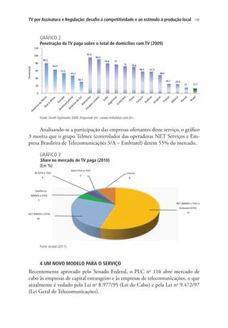 TV por Assinatura e Regulação: desafio à competitividade e ao estímulo à produção local

149

GRÁFICO 2

Penetração da TV paga sobre o total de domicílios com TV (2009)

Fonte: Zenith Optimedia 2009. Disponível em: www.midiafatos.com.br.

Analisando-se a participação das empresas ofertantes desse serviço, o gráfico
3 mostra que o grupo Telmex (controlador das operadoras NET Serviços e Empresa Brasileira de Telecomunicações S/A – Embratel) detém 55% do mercado.
GRÁFICO 3

Share no mercado de TV paga (2010)
(Em %)

Fonte: Anatel (2011).

4 UM NOVO MODELO PARA O SERVIÇO

Recentemente aprovado pelo Senado Federal, o PLC no 116 abre mercado de
cabo às empresas de capital estrangeiro e às empresas de telecomunicações, o que
atualmente é vedado pela Lei no 8.977/95 (Lei do Cabo) e pela Lei no 9.472/97
(Lei Geral de Telecomunicações).

 