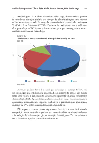 Análise dos Impactos da Oferta de TV a Cabo Sobre a Penetração de Banda Larga...

163

A tecnologia xDSL é a líder em acesso à banda larga, o que é natural quando
se considera a evolução histórica dos serviços de telecomunicações, uma vez que
utiliza basicamente as redes de acesso das concessionárias e autorizadas do Serviço
Telefônico Fixo Comutado (STFC). Porém, o fato a destacar é que o cable modem, prestado pelas TVCs, caracteriza-se como a principal tecnologia concorrente
na oferta do serviço de banda larga.
GRÁFICO 4

Tecnologias de acesso utilizadas nos municípios com outorga de cabo
(Em %)

Fonte: Anatel.

Assim, os gráficos de 1 a 4 indicam que a presença de outorga de TVC em
um município está intimamente relacionada ao número de acessos em banda
larga, uma vez que a tecnologia do cable modem representa um eficaz concorrente
da tecnologia xDSL. Apesar destes resultados intuitivos, nas próximas seções, será
apresentada uma análise dos impactos qualitativos e quantitativos da abertura do
mercado de TVC sobre o acesso domiciliar à banda larga.
Pelo exposto, existem poucos argumentos favoráveis a uma limitação da
competição nesses mercados e, por sua vez, são muito claras as evidências de que
a introdução de maior competição na prestação de serviços de TV por assinatura
traria benefícios líquidos positivos ao consumidor.

 