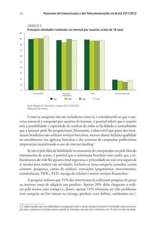 Panorama da Comunicação e das Telecomunicações no Brasil 2011/2012

200

GRÁFICO 2

Principais atividades realizadas na internet por usuários acima de 18 anos

Fonte: Pesquisa TIC Domicílios e Usuários 2010 (CGI/CETIC).
Elaboração dos autores.

Como as categorias não são excludentes entre si, e considerando-se que o universo amostral é composto por usuários de internet, é possível inferir que o usuário
tem a possibilidade e capacidade de usufruir de todas as facilidades e comodidades
que a internet pode lhe proporcionar. Entretanto, é observável que parte dos internautas brasileiros não utilizam serviços bancários, mesmo diante da baixa qualidade
no atendimento nas agências bancárias e das centenas de campanhas publicitárias
empresariais incentivando o uso do internet banking.5
Se não é pela falta de habilidade no manuseio do computador ou pela falta do
instrumento de acesso, é possível que o internauta brasileiro não confie que a infraestrutura de rede lhe garanta total segurança e privacidade ou não está seguro de
si mesmo para realizar tais atividades. Incluem-se nessa categoria consultas (conta
corrente, poupança, cartão de crédito), transações (pagamentos, investimentos,
transferências, DOC, TED, recarga de celular) e outros serviços financeiros.
A pesquisa indicou que 51% dos internautas já realizaram pesquisa de preço
na internet antes de adquirir um produto. Apenas 20% deles chegaram a realizar pelo menos uma compra e, destes, apenas 11% relataram ter tido problemas
com compras on-line (atraso na entrega, produto com defeito, estelionato etc.).
����������������������������������������������������������������������������������������������������������������������
. É válido ressaltar que esta disparidade na proporção entre o uso de serviços financeiros e atividades como comunicação, lazer e pesquisa é mantida mesmo quando se restringe a amostra para indivíduos com 16 anos ou mais de idade.

 
