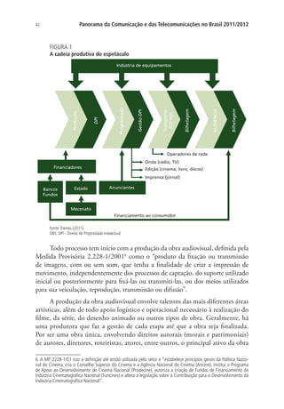 Panorama da Comunicação e das Telecomunicações no Brasil 2011/2012

42

FIGURA 1

A cadeia produtiva do espetáculo

Bilhetagem

AUDIÊNCIA

Bilhetagem

Transporte
Entrega

Gestão DPI

Programação

DPI

Produção

Indústria de equipamentos

Operadores de rede
Onda (rádio, TV)
Financiadores

Edição (cinema, livro, discos)
Imprensa (jornal)

Bancos
Fundos

Estado

Anunciantes

Mecenato
Financiamento ao consumidor
Fonte: Dantas (2011).
OBS: DPI - Direito de Propriedade Intelectual

Todo processo tem início com a produção da obra audiovisual, definida pela
Medida Provisória 2.228-1/20016 como o “produto da fixação ou transmissão
de imagens, com ou sem som, que tenha a finalidade de criar a impressão de
movimento, independentemente dos processos de captação, do suporte utilizado
inicial ou posteriormente para fixá-las ou transmiti-las, ou dos meios utilizados
para sua veiculação, reprodução, transmissão ou difusão”.
A produção da obra audiovisual envolve talentos das mais diferentes áreas
artísticas, além de todo apoio logístico e operacional necessário à realização do
filme, da série, do desenho animado ou outros tipos de obra. Geralmente, há
uma produtora que faz a gestão de cada etapa até que a obra seja finalizada.
Por ser uma obra única, envolvendo direitos autorais (morais e patrimoniais)
de autores, diretores, roteiristas, atores, entre outros, o principal ativo da obra
6. A MP 2228-1/01 traz a definição até então utilizada pelo setor e “estabelece princípios gerais da Política Nacional do Cinema, cria o Conselho Superior do Cinema e a Agência Nacional do Cinema (Ancine), institui o Programa
de Apoio ao Desenvolvimento do Cinema Nacional (Prodecine), autoriza a criação de Fundos de Financiamento da
Indústria Cinematográfica Nacional (Funcines) e altera a legislação sobre a Contribuição para o Desenvolvimento da
Indústria Cinematográfica Nacional”.

 