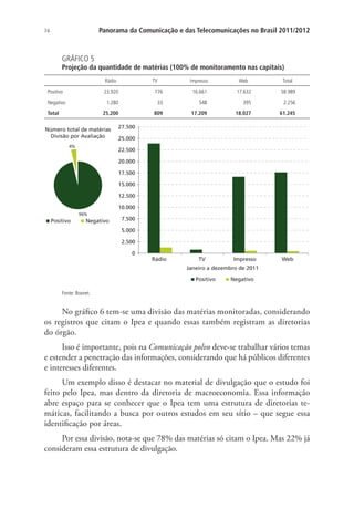 Panorama da Comunicação e das Telecomunicações no Brasil 2011/2012

74

GRÁFICO 5

Projeção da quantidade de matérias (100% de monitoramento nas capitais)
Rádio
Positivo

TV

23.920

Negativo

776

Impresso

Web

Total

16.661

17.632

58.989

1.280

33

548

395

2.256

25.200

Total

809

17.209

18.027

61.245

Impresso

Web

Número total de matérias
Divisão por Avaliação
4%

27.500
25.000
22.500
20.000
17.500
15.000
12.500
10.000

96%

Positivo

Negativo

7.500
5.000
2.500
0

Rádio

TV

Janeiro a dezembro de 2011
Positivo

Negativo

Fonte: Boxnet.

No gráfico 6 tem-se uma divisão das matérias monitoradas, considerando
os registros que citam o Ipea e quando essas também registram as diretorias
do órgão.
Isso é importante, pois na Comunicação polvo deve-se trabalhar vários temas
e estender a penetração das informações, considerando que há públicos diferentes
e interesses diferentes.
Um exemplo disso é destacar no material de divulgação que o estudo foi
feito pelo Ipea, mas dentro da diretoria de macroeconomia. Essa informação
abre espaço para se conhecer que o Ipea tem uma estrutura de diretorias temáticas, facilitando a busca por outros estudos em seu sítio – que segue essa
identificação por áreas.
Por essa divisão, nota-se que 78% das matérias só citam o Ipea. Mas 22% já
consideram essa estrutura de divulgação.

 
