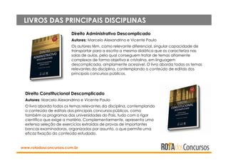 LIVROS DAS PRINCIPAIS DISCIPLINAS
www.rotadosconcursos.com.br
Direito Administrativo Descomplicado
Autores: Marcelo Alexan...