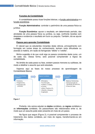 www.contas.cnt.br
11 Contabilidade Básica | Renato Santos Chaves
Funções da Contabilidade
A contabilidade possui duas funções básicas, a função administrativa e a
função econômica.
Função Administrativa: controlar o patrimônio de uma pessoa física ou
jurídica;
Função Econômica: apurar o resultado, em determinado período, das
atividades de uma pessoa física ou jurídica, ou seja, confronta receitas com
despesas e evidencia o resultado em lucro ou prejuízo. Também, diz-se apurar
o rédito.
Passos para aprender Contabilidade
É natural que os estudantes iniciantes desta ciência, principalmente com
formação em outras áreas do conhecimento, tenham certa dificuldade ou
aversão à matéria, em razão do famigerado “débito” e “crédito”.
Minha sugestão é de que você siga os passos constantes deste curso, um
de cada vez. Dessa forma, será possível compreender a lógica da
contabilidade.
No âmbito de cada passo ou fase, existem passos menores ou subfases, de
modo a detalhar o assunto que será estudado.
Vejamos aqui as fases do nosso processo de aprendizagem da
Contabilidade Básica:
Figura 1
Portanto, nós vamos estudar os dados contábeis, as regras contábeis e
as informações contábeis. Os passos/fases são relacionados entre si, de
modo que um assunto pode estar presente em mais de um passo.
Na figura que segue (Figura 2), é possível compreender o processo de
tratamento dos dados contábeis, por meio de regras, transformando-os em
informação.
 