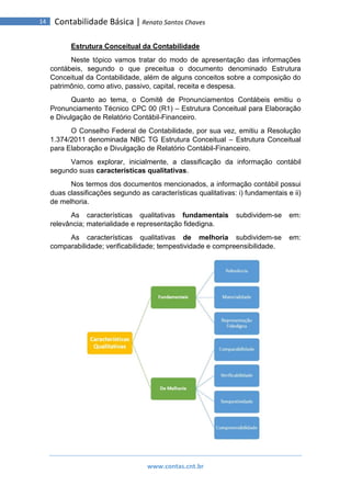 www.contas.cnt.br
14 Contabilidade Básica | Renato Santos Chaves
Estrutura Conceitual da Contabilidade
Neste tópico vamos tratar do modo de apresentação das informações
contábeis, segundo o que preceitua o documento denominado Estrutura
Conceitual da Contabilidade, além de alguns conceitos sobre a composição do
patrimônio, como ativo, passivo, capital, receita e despesa.
Quanto ao tema, o Comitê de Pronunciamentos Contábeis emitiu o
Pronunciamento Técnico CPC 00 (R1) – Estrutura Conceitual para Elaboração
e Divulgação de Relatório Contábil-Financeiro.
O Conselho Federal de Contabilidade, por sua vez, emitiu a Resolução
1.374/2011 denominada NBC TG Estrutura Conceitual – Estrutura Conceitual
para Elaboração e Divulgação de Relatório Contábil-Financeiro.
Vamos explorar, inicialmente, a classificação da informação contábil
segundo suas características qualitativas.
Nos termos dos documentos mencionados, a informação contábil possui
duas classificações segundo as características qualitativas: i) fundamentais e ii)
de melhoria.
As características qualitativas fundamentais subdividem-se em:
relevância; materialidade e representação fidedigna.
As características qualitativas de melhoria subdividem-se em:
comparabilidade; verificabilidade; tempestividade e compreensibilidade.
 