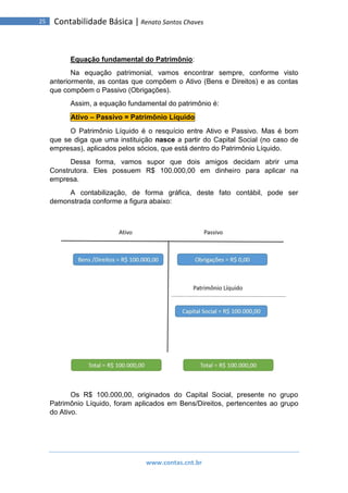 www.contas.cnt.br
25 Contabilidade Básica | Renato Santos Chaves
Equação fundamental do Patrimônio:
Na equação patrimonial, vamos encontrar sempre, conforme visto
anteriormente, as contas que compõem o Ativo (Bens e Direitos) e as contas
que compõem o Passivo (Obrigações).
Assim, a equação fundamental do patrimônio é:
Ativo – Passivo = Patrimônio Líquido
O Patrimônio Líquido é o resquício entre Ativo e Passivo. Mas é bom
que se diga que uma instituição nasce a partir do Capital Social (no caso de
empresas), aplicados pelos sócios, que está dentro do Patrimônio Líquido.
Dessa forma, vamos supor que dois amigos decidam abrir uma
Construtora. Eles possuem R$ 100.000,00 em dinheiro para aplicar na
empresa.
A contabilização, de forma gráfica, deste fato contábil, pode ser
demonstrada conforme a figura abaixo:
Os R$ 100.000,00, originados do Capital Social, presente no grupo
Patrimônio Líquido, foram aplicados em Bens/Direitos, pertencentes ao grupo
do Ativo.
 