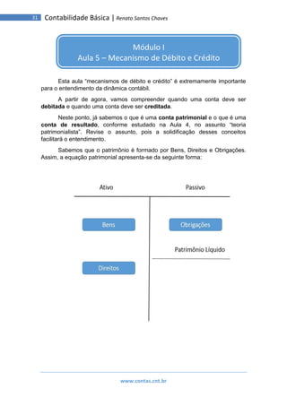 www.contas.cnt.br
31 Contabilidade Básica | Renato Santos Chaves
Esta aula “mecanismos de débito e crédito” é extremamente importante
para o entendimento da dinâmica contábil.
A partir de agora, vamos compreender quando uma conta deve ser
debitada e quando uma conta deve ser creditada.
Neste ponto, já sabemos o que é uma conta patrimonial e o que é uma
conta de resultado, conforme estudado na Aula 4, no assunto “teoria
patrimonialista”. Revise o assunto, pois a solidificação desses conceitos
facilitará o entendimento.
Sabemos que o patrimônio é formado por Bens, Direitos e Obrigações.
Assim, a equação patrimonial apresenta-se da seguinte forma:
Módulo I
Aula 5 – Mecanismo de Débito e Crédito
 
