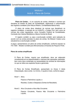 www.contas.cnt.br
33 Contabilidade Básica | Renato Santos Chaves
Plano de Contas – é um conjunto de contas, diretrizes e normas que
disciplina as tarefas do Setor de Contabilidade, objetivando a uniformização
dos registros contábeis (Osni Moura Ribeiro, Contabilidade Básica fácil)
O plano de contas deve obedecer às normas que disciplinam os
registros contábeis, a exemplo da Lei 6.404/76, o Código Civil, bem como as
normas dos entes reguladores, como Conselho Federal de Contabilidade,
Comissão dos Valores Mobiliários e Banco Central do Brasil.
O registro contábil, ou seja a escrituração contábil, será realizada de
acordo com as contas previstas no plano de contas. No Módulo II deste curso
estudaremos a escrituração contábil.
A seguir, apresentamos um plano de contas simplificado, conforme exposto na
ITG 1000 – Modelo Contábil para Microempresa e Empresa de Pequeno Porte.
Plano de contas simplificado
O Plano de Contas, mesmo que simplificado, deve ser elaborado
considerando-se as especificidades e natureza das operações realizadas,
bem como deve contemplar as necessidades de controle de informações
no que se refere aos aspectos fiscais e gerenciais.
O Plano de Contas Simplificado, apresentado no Anexo 4 desta
Interpretação, deve conter, no mínimo, 4 (quatro) níveis, conforme segue:
Nível 1: Ativo;
Passivo e Patrimônio Líquido; e
Receitas, Custos e Despesas (Contas de Resultado).
Nível 2: Ativo Circulante e Ativo Não Circulante.
Passivo Circulante, Passivo Não Circulante e Patrimônio
Líquido.
Módulo I
Aula 6 – Plano de Contas
 