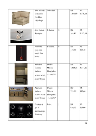 Kim módulo      Tok&Stok     1   R$         R$
sofá canto.                      1.570,00   1.570,00
Cor Plain
High Bege



Spot Star de    E-Lustre     8   R$         R$
Sobrepor                         148,46     1.187,68




Pendente        E-Lustre     6   R$         R$
copo mix                         149,90     899,40
metal. Cor
prata



Armários        Duarte       1   R$         R$
cozinha         Móveis           4.514,26   4.514,26
Italínea.       Planejados
                – Leme/SP
MDP e MDP
na cor branca



Aparador        Duarte       1   R$         R$
Italínea.       Móveis           995,66     995,66
MDP e MFD       Planejados
na cor branca   – Leme/SP


Cooktop a       Extra        1   R$         R$
gás 5                            629,00     629,00
queimadores
Brastemp.



                                                  54
 