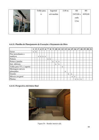 Trilho para       Suportal           5,98 m          R$          R$
                                       tv         sob medida                       2425,00 a    4850,00
                                                                                     cada
                                                                                     2,5m




6.4.11. Planilha de Planejamento de Execução e Orçamento da Obra

                            1 2 3 4 5 6 7 8 9 10 11 12 13 14 15 16 17 18 19 20 21
Gesso                       x x
Piso porcelanato e
madeyra                            x x x x
Pintura                                         x x
Portas e janelas                                       x    x x
Inst. elétricas                                            x x
Trilho para TV c/ suporte                                             x
Montagem móveis
planejados                                                                x
Granito                                                                       x   x
Móveis em geral                                                                    x x
Plantas                                                                               x x   x


6.4.12. Perspectiva eletrônica final




                                   Figura 56 – Render interior sala
                                                                                                       58
 