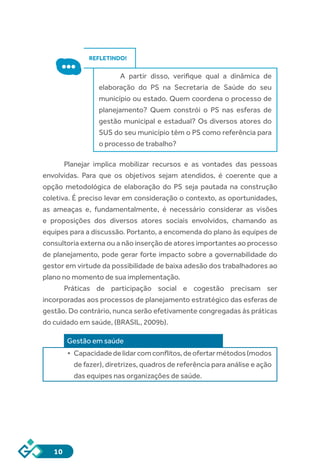 10
REFLETINDO!
A partir disso, verifique qual a dinâmica de
elaboração do PS na Secretaria de Saúde do seu
município ou estado. Quem coordena o processo de
planejamento? Quem constrói o PS nas esferas de
gestão municipal e estadual? Os diversos atores do
SUS do seu município têm o PS como referência para
o processo de trabalho?
Planejar implica mobilizar recursos e as vontades das pessoas
envolvidas. Para que os objetivos sejam atendidos, é coerente que a
opção metodológica de elaboração do PS seja pautada na construção
coletiva. É preciso levar em consideração o contexto, as oportunidades,
as ameaças e, fundamentalmente, é necessário considerar as visões
e proposições dos diversos atores sociais envolvidos, chamando as
equipes para a discussão. Portanto, a encomenda do plano às equipes de
consultoria externa ou a não inserção de atores importantes ao processo
de planejamento, pode gerar forte impacto sobre a governabilidade do
gestor em virtude da possibilidade de baixa adesão dos trabalhadores ao
plano no momento de sua implementação.
Práticas de participação social e cogestão precisam ser
incorporadas aos processos de planejamento estratégico das esferas de
gestão. Do contrário, nunca serão efetivamente congregadas às práticas
do cuidado em saúde, (BRASIL, 2009b).
Gestão em saúde
•	 Capacidadedelidarcomconflitos,deofertarmétodos(modos
de fazer), diretrizes, quadros de referência para análise e ação
das equipes nas organizações de saúde.
 