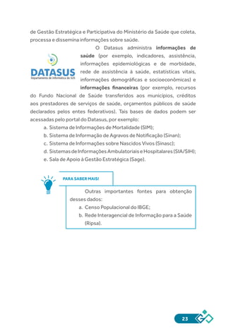23
de Gestão Estratégica e Participativa do Ministério da Saúde que coleta,
processa e dissemina informações sobre saúde.
O Datasus administra informações de
saúde (por exemplo, indicadores, assistência,
informações epidemiológicas e de morbidade,
rede de assistência à saúde, estatísticas vitais,
informações demográficas e socioeconômicas) e
informações financeiras (por exemplo, recursos
do Fundo Nacional de Saúde transferidos aos municípios, créditos
aos prestadores de serviços de saúde, orçamentos públicos de saúde
declarados pelos entes federativos). Tais bases de dados podem ser
acessadas pelo portal do Datasus, por exemplo:
a.	Sistema de Informações de Mortalidade (SIM);
b.	Sistema de Informação de Agravos de Notificação (Sinan);
c.	Sistema de Informações sobre Nascidos Vivos (Sinasc);
d.	SistemasdeInformaçõesAmbulatoriaiseHospitalares(SIA/SIH);
e.	Sala de Apoio à Gestão Estratégica (Sage).
PARA SABER MAIS!
Outras importantes fontes para obtenção
desses dados:
a.	 Censo Populacional do IBGE;
b.	Rede Interagencial de Informação para a Saúde
(Ripsa).
 