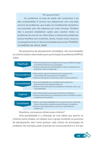 33
Por que priorizar?
Os problemas na área da saúde são numerosos e de
alta complexidade. É comum nos depararmos com uma lista
enorme de problemas, que acaba nos imobilizando tamanha é
sua extensão, pois não sabemos por onde começar. Também
não é possível estabelecer ações para resolver todos os
problemas de uma só vez. Além disso, a maioria dos problemas
possui interface com os demais, sendo, muitas vezes, causa ou
consequênciaentresi.Daíanecessidadedepriorizar(TEIXEIRA;
VILASBÔAS; DE JESUS, 2008).
Na perspectiva do planejamento estratégico, são recomendados
os critérios abaixo relacionados para a priorização de problemas (MATUS,
1993).
Na prática, como posso utilizar esses critérios?
Uma possibilidade é a utilização de uma tabela que aponte os
critérios acima citados, em debate com o grupo envolvido no processo
de planejamento, bem como pontuar cada critério de priorização do
problema. Por exemplo, pode-se pensar em uma escala de 0 a 4, em que
Magnitude
Número de pessoas e frequência com que o problema atinge
uma determinada área ou população.
Quanto mais pessoas são atingidas e maior a frequência do
problema, maior a magnitude.
Vulnerabilidade
Grau de fragilidade que o problema tem quando se
desenvolvem intervenções sobre ele.
Quanto mais facilmente um problema é resolvido, maior sua
vulnerabilidade.
Factibilidade
Refere-se à disponibilidade de recursos humanos, materiais,
físicos, ﬁnanceiros e políticos para enfrentar o problema.
Quanto mais disponíveis os recursos, mais factível o
problema é.
Urgência
Está relacionada ao prazo para enfrentar o problema.
Quanto mais graves as consequências de um problema, maior
a urgência em resolvê-lo.
Transcendência
Representa o grau de interesse que as pessoas da
comunidade têm de solucionar o problema.
Quanto mais gente se interessa, maior a transcendência.
 