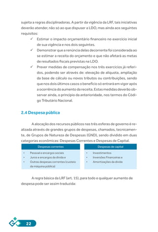 22
sujeita a regras disciplinadoras. A partir da vigência da LRF, tais iniciativas
deverão atender, não só ao que dispuser a LDO, mas ainda aos seguintes
requisitos:
ü	Estimar o impacto orçamentário financeiro no exercício inicial
de sua vigência e nos dois seguintes.
ü	Demonstrar que a renúncia delas decorrente foi considerada ao
se estimar a receita do orçamento e que não afetará as metas
de resultados fiscais previstas na LDO.
ü	Prever medidas de compensação nos três exercícios já referi-
dos, podendo ser através de: elevação de alíquota, ampliação
da base de cálculo ou novos tributos ou contribuições, sendo
que nos dois últimos casos o benefício só entrará em vigor após
aocorrênciadoaumentodareceita.Estasmedidasdeverãoob-
servar ainda, o princípio da anterioridade, nos termos do Códi-
go Tributário Nacional.
2.4 Despesa pública
A alocação dos recursos públicos nas três esferas de governo é re-
alizada através de grandes grupos de despesas, chamados, tecnicamen-
te, de Grupos de Natureza de Despesas (GND), sendo dividido em duas
categorias econômicas: Despesas Correntes e Despesas de Capital.
Despesas correntes Despesas de capital
•	 Pessoal e encargos sociais
•	 Juros e encargos da dívida e
•	 Outras despesas correntes (custeio
da máquina pública)
•	 Investimentos
•	 Inversões Financeiras e
•	 Amortizações da dívida
A regra básica da LRF (art. 15), para todo e qualquer aumento de
despesa pode ser assim traduzida:
 