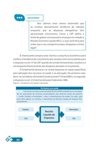 26
REFLETINDO!
Nos últimos anos temos observado que
as receitas apresentaram tendência de redução
enquanto que as despesas obrigatórias têm
apresentado crescimento. Como a LRF define o
limite de gastos com pessoal e encargos em relação à
Receita Corrente Líquida (RCL), o que você faria para
evitar que o seu estado/município ultrapasse o limite
legal?
É interessante sempre estar atento à conjuntura econômica para
verificar a tendência de crescimento das receitas, bem como atentar para
o disposto no art. 9º da LRF quando da revisão bimestral das receitas e o
consequente financiamento das despesas alocadas no orçamento.
É fundamental destacar, no rol das despesas as regras específicas
para aplicação dos recursos na saúde e na educação. No primeiro caso,
deve-seconsideraraEmendaConstitucionalnº29de2000e,nosegundo,
o disposto no art. 212 da Constituição Federal de 1988.
Figura 2 - Os Gastos com saúde e educação.
Os Gastos com saúde
A Emenda Constitucional da Saúde (EC29/2000) estabeleceu a vinculação
de um percentual de recursos orçamentários dos diversos níveis de governo
– União, Estados e Municípios – para o financiamento da saúde. Ou seja, cada
ente deve aplicar, no mínimo, o percentual da Receita Líquida de imposto RLI,
estabelecido.
Estados
12%
Municípios
15%
Receita
Líquida de
Impostos
 