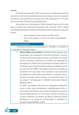 18
Limites
O cálculo da relação DCL/RCL, assim como a verificação quanto ao
atendimento do limite estabelecido para essa relação, deve ser realizado
ao final de cada quadrimestre (artigo 30 da LRF, parágrafos 3º e 4º), para
fins de inserção no Relatório de Gestão Fiscal.
De acordo com a Resolução nº 40 do Senado Federal, até 15 anos
após a sanção dessa Resolução (portanto até o final de 2017) a dívida
consolidada líquida dos Estados e Municípios estará sujeita aos seguintes
limites:
o	 para os Estados, duas vezes a sua RCL anual;
o	 para os Municípios, 1,2 vezes a sua RCL anual (BRASIL,
2001).
Conceitos importantes
Conceitos presentes nas Resoluções nº 40/2001, nº 43/2001 e
nº 48/2007 do Senado Federal
ü	Dívida Pública Consolidada: montante total, apurado sem
duplicidade, das obrigações financeiras da União, inclusive
as decorrentes da emissão de títulos, assumidas em virtude
de leis, contratos, convênios ou tratados, da realização de
operações de crédito para amortização em prazo superior a
12 (doze) meses, dos precatórios judiciais emitidos a partir
de 5 de maio de 2000 e não pagos durante a execução do
orçamento em que hajam sido incluídos e das operações
de crédito que, embora de prazo inferior a 12 (doze) meses,
tenham constado como receitas no orçamento (Inciso III
do artigo 2º da Resolução nº 48/2007 do Senado Federal)
(BRASIL, 2007).
A dívida consolidada não inclui as obrigações existentes
entre a União, aqui considerada a administração direta, e
seus respectivos fundos, autarquias, fundações e empresas
estatais dependentes ou entre estes, exceto os títulos do
Tesouro Nacional na carteira do Banco Central do Brasil
(Parágrafo 2º do artigo 2º da Resolução nº 48/2007 do
Senado Federal) (BRASIL, 2007).
 