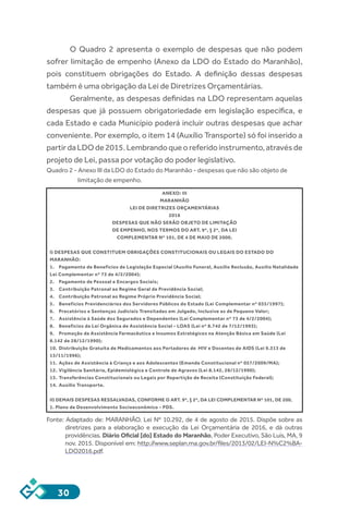 30
O Quadro 2 apresenta o exemplo de despesas que não podem
sofrer limitação de empenho (Anexo da LDO do Estado do Maranhão),
pois constituem obrigações do Estado. A definição dessas despesas
também é uma obrigação da Lei de Diretrizes Orçamentárias.
Geralmente, as despesas definidas na LDO representam aquelas
despesas que já possuem obrigatoriedade em legislação específica, e
cada Estado e cada Município poderá incluir outras despesas que achar
conveniente. Por exemplo, o item 14 (Auxílio Transporte) só foi inserido a
partirdaLDOde2015.Lembrandoqueoreferidoinstrumento,atravésde
projeto de Lei, passa por votação do poder legislativo.
Quadro 2 - Anexo III da LDO do Estado do Maranhão - despesas que não são objeto de
limitação de empenho.
ANEXO: III
MARANHÃO
LEI DE DIRETRIZES ORÇAMENTÁRIAS
2016
DESPESAS QUE NÃO SERÃO OBJETO DE LIMITAÇÃO
DE EMPENHO, NOS TERMOS DO ART. 9º, § 2º, DA LEI
COMPLEMENTAR Nº 101, DE 4 DE MAIO DE 2000.
I) DESPESAS QUE CONSTITUEM OBRIGAÇÕES CONSTITUCIONAIS OU LEGAIS DO ESTADO DO
MARANHÃO:
1.	 Pagamento de Benefícios de Legislação Especial (Auxílio Funeral, Auxílio Reclusão, Auxílio Natalidade
Lei Complementar nº 73 de 4/2/2004);
2.	 Pagamento de Pessoal e Encargos Sociais;
3.	 Contribuição Patronal ao Regime Geral de Previdência Social;
4.	 Contribuição Patronal ao Regime Próprio Previdência Social;
5.	 Benefícios Previdenciários dos Servidores Públicos do Estado (Lei Complementar nº 035/1997);
6.	 Precatórios e Sentenças Judiciais Transitadas em Julgado, Inclusive as de Pequeno Valor;
7.	 Assistência à Saúde dos Segurados e Dependentes (Lei Complementar nº 73 de 4/2/2004);
8.	 Benefícios da Lei Orgânica de Assistência Social - LOAS (Lei nº 8.742 de 7/12/1993);
9.	 Promoção da Assistência Farmacêutica e Insumos Estratégicos na Atenção Básica em Saúde (Lei
8.142 de 28/12/1990);
10.	 Distribuição Gratuita de Medicamentos aos Portadores de HIV e Docentes de AIDS (Lei 9.313 de
13/11/1996);
11.	 Ações de Assistência à Criança e aos Adolescentes (Emenda Constitucional nº 057/2009/MA);
12.	 Vigilância Sanitária, Epidemiológica e Controle de Agravos (Lei 8.142, 28/12/1990);
13.	 Transferências Constitucionais ou Legais por Repartição de Receita (Constituição Federal);
14.	 Auxílio Transporte.
II) DEMAIS DESPESAS RESSALVADAS, CONFORME O ART. 9º, § 2º, DA LEI COMPLEMENTAR Nº 101, DE 200.
1. Plano de Desenvolvimento Socioeconômico - PDS.
Fonte: Adaptado de: MARANHÃO. Lei Nº 10.292, de 4 de agosto de 2015. Dispõe sobre as
diretrizes para a elaboração e execução da Lei Orçamentária de 2016, e dá outras
providências. Diário Oficial [do] Estado do Maranhão, Poder Executivo, São Luís, MA, 9
nov. 2015. Disponível em: http://www.seplan.ma.gov.br/files/2013/02/LEI-N%C2%BA-
LDO2016.pdf.
 