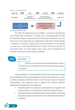 12
Figura 1 – Contexto da LRF.
1980-1993
Alta inflação
2000
Lei de Responsabilidade
Fiscal
Ncessidade de controle do
endividamento e maior
transparência das finanças
públicas.
Plano Real
Controle Inflacionário
Crises Econômicas
Aumento do Endividamento
Ajuste Fiscal
1994 até 1999 1999-2002
Fonte:Elaboradapeloautor.
De 1994 até chegarmos ao ano 2000, o mundo foi assolado por
crises financeiras sucessivas, iniciando com a desvalorização de 50%
da moeda do México, seguindo pela Coreia e países Asiáticos e, por fim,
pelo anúncio da suspensão dos pagamentos referentes à dívida pública
– moratória – da Rússia. Todas essas crises ocorreram em um período
em que houve certo relaxamento fiscal. Assim, no final da década, foi
necessário fazer um forte ajuste, bem como criar instrumentos de
controle e transparência das finanças públicas.
REFLETINDO!
Qual foi o comportamento da inflação após o Plano
Real? Por que o endividamento aumentou bastante após
o Plano?
Nesse contexto, a Lei foi editada com foco principal na prevenção
dos desequilíbrios fiscais, abrangendo os três níveis de governo, ou seja,
a União, os Estados e Distrito Federal, e os Municípios. Essa Lei instituiu
instrumentos mais rigorosos para a gestão das finanças públicas,
implantando medidas como as seguintes:
ü	obrigatoriedade de adequado planejamento da gestão das
contas públicas, com fixação de metas de resultados fiscais;
ü	avaliaçãoperiódicadatrajetóriadascontaspúblicaselimitação
de gastos quando se apresentar risco à obtenção das metas de
resultado;
 