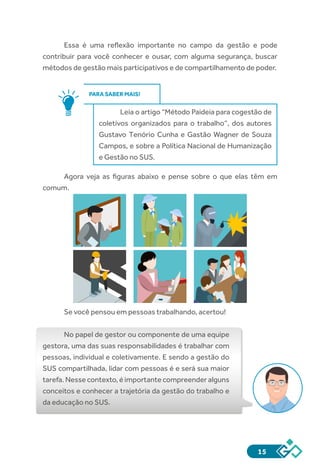 15
Essa é uma reflexão importante no campo da gestão e pode
contribuir para você conhecer e ousar, com alguma segurança, buscar
métodos de gestão mais participativos e de compartilhamento de poder.
PARA SABER MAIS!
Leia o artigo “Método Paideia para cogestão de
coletivos organizados para o trabalho”, dos autores
Gustavo Tenório Cunha e Gastão Wagner de Souza
Campos, e sobre a Política Nacional de Humanização
e Gestão no SUS.
Agora veja as figuras abaixo e pense sobre o que elas têm em
comum.
Se você pensou em pessoas trabalhando, acertou!
No papel de gestor ou componente de uma equipe
gestora, uma das suas responsabilidades é trabalhar com
pessoas, individual e coletivamente. E sendo a gestão do
SUS compartilhada, lidar com pessoas é e será sua maior
tarefa. Nesse contexto, é importante compreender alguns
conceitos e conhecer a trajetória da gestão do trabalho e
da educação no SUS.
 
