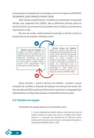 18
é executado e é mediado por tecnologias, normas e máquinas (PEDUZZI;
SCHRAIBER, 2009; FRANCO; MERHY, 2003).
Além dessas características, o trabalho em saúde tem uma grande
divisão, que, segundo Pires (2009), são as diferentes formas como os
seres humanos, ao viverem em sociedades sócio-históricas, produzem e
reproduzem a vida.
Na área da saúde, estão bastante presentes a divisão social e a
divisão técnica do trabalho, definidas como:
Essas divisões – social e técnica do trabalho – tendem a gerar
situações de conflitos e disputas de espaços nos serviços de saúde. Um
dos desafios do SUS é justamente fomentar e promover a integração dos
trabalhadores, configurando equipes multiprofissionais de saúde.
3.2 Trabalho em equipe
O trabalho em equipe pode ser conceituado como:
[...] uma modalidade de trabalho coletivo, construído por meio da
relação recíproca, de dupla mão, entre as múltiplas intervenções
técnicas e a interação dos profissionais de diferentes áreas,
configurando, através da comunicação, a articulação das ações e a
cooperação (PEDUZZI, 2001, p. 104).
Divisão social do trabalho: diz
respeito ao caráter especíﬁco do
trabalho humano e apresenta-se de
diferentes formas de acordo com as
diferentes sociedades, em cada
momento histórico. Como exemplo:
em nossa cultura, o trabalho médico
quanto mais especializado mais
valorizado e reconhecido ele é.
Divisão técnica do trabalho:
efere-se ao trabalho executado por
trabalhadores especializados em cada
tarefa; é típica do modo de produção
capitalista e surge em meados do
século 13. Como exemplo: na
categoria enfermagem, o enfermeiro
ocupa a coordenação do trabalho da
equipe de enfermagem que é
composta, além dele, pelo técnico em
enfermagem e pelo auxiliar de
enfermagem. O mesmo ocorre com a
equipe de saúde bucal (PIRES, 2009).
 