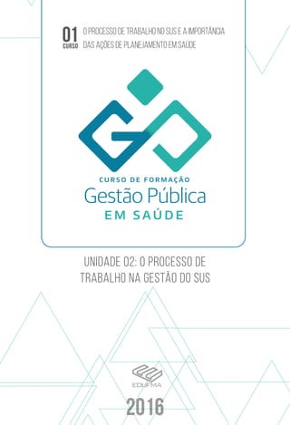 2016
E M S A Ú D E
C U R S O D E F O R M A Ç Ã O
unidade 02: O PROCESSO DE
TRABALHO NA GESTÃO DO SUS
01CURSO
O PROCESSO DE TRABALHO NO SUS E A IMPORTÂNCIA
DAS AÇÕES DE PLANEJAMENTO EM SAÚDE
 