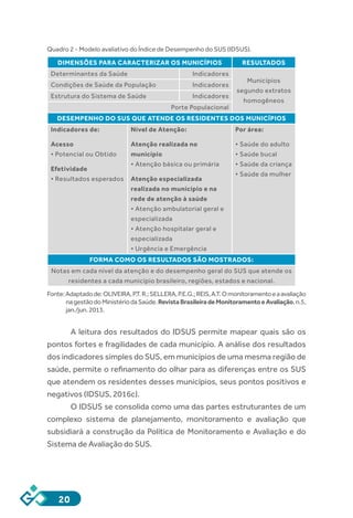 20
Quadro 2 - Modelo avaliativo do Índice de Desempenho do SUS (IDSUS).
DIMENSÕES PARA CARACTERIZAR OS MUNICÍPIOS RESULTADOS
Determinantes da Saúde Indicadores
Municípios
segundo extratos
homogêneos
Condições de Saúde da População Indicadores
Estrutura do Sistema de Saúde Indicadores
Porte Populacional
DESEMPENHO DO SUS QUE ATENDE OS RESIDENTES DOS MUNICÍPIOS
Indicadores de:	
Acesso
• Potencial ou Obtido
Efetividade
• Resultados esperados
Nível de Atenção:
Atenção realizada no
município
• Atenção básica ou primária
Atenção especializada
realizada no município e na
rede de atenção à saúde
• Atenção ambulatorial geral e
especializada
• Atenção hospitalar geral e
especializada
• Urgência e Emergência
Por área:
• Saúde do adulto
• Saúde bucal
• Saúde da criança
• Saúde da mulher
FORMA COMO OS RESULTADOS SÃO MOSTRADOS:
Notas em cada nível da atenção e do desempenho geral do SUS que atende os
residentes a cada município brasileiro, regiões, estados e nacional.
Fonte:Adaptadode:OLIVEIRA,P.T.R.;SELLERA,P.E.G.;REIS,A.T.Omonitoramentoeaavaliação
nagestãodoMinistériodaSaúde.RevistaBrasileiradeMonitoramentoeAvaliação,n.5,
jan./jun.2013.
A leitura dos resultados do IDSUS permite mapear quais são os
pontos fortes e fragilidades de cada município. A análise dos resultados
dos indicadores simples do SUS, em municípios de uma mesma região de
saúde, permite o refinamento do olhar para as diferenças entre os SUS
que atendem os residentes desses municípios, seus pontos positivos e
negativos (IDSUS, 2016c).
O IDSUS se consolida como uma das partes estruturantes de um
complexo sistema de planejamento, monitoramento e avaliação que
subsidiará a construção da Política de Monitoramento e Avaliação e do
Sistema de Avaliação do SUS.
 