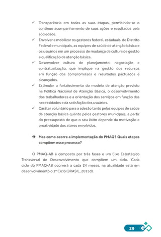 29
ü	Transparência em todas as suas etapas, permitindo-se o
contínuo acompanhamento de suas ações e resultados pela
sociedade.
ü	Envolver e mobilizar os gestores federal, estaduais, do Distrito
Federal e municipais, as equipes de saúde de atenção básica e
os usuários em um processo de mudança de cultura de gestão
e qualificação da atenção básica.
ü	Desenvolver cultura de planejamento, negociação e
contratualização, que implique na gestão dos recursos
em função dos compromissos e resultados pactuados e
alcançados.
ü	Estimular o fortalecimento do modelo de atenção previsto
na Política Nacional de Atenção Básica, o desenvolvimento
dos trabalhadores e a orientação dos serviços em função das
necessidades e da satisfação dos usuários.
ü	Caráter voluntário para a adesão tanto pelas equipes de saúde
da atenção básica quanto pelos gestores municipais, a partir
do pressuposto de que o seu êxito depende da motivação e
proatividade dos atores envolvidos.
èè Mas como ocorre a implementação do PMAQ? Quais etapas
compõem esse processo?
O PMAQ-AB é composto por três fases e um Eixo Estratégico
Transversal de Desenvolvimento que compõem um ciclo. Cada
ciclo do PMAQ-AB ocorrerá a cada 24 meses, na atualidade está em
desenvolvimento o 3º Ciclo (BRASIL, 2015d).
 