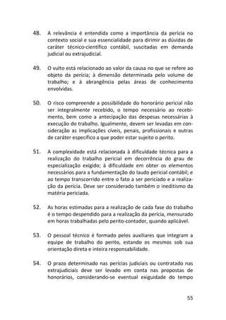 55
48. A relevância é entendida como a importância da perícia no
contexto social e sua essencialidade para dirimir as dúvidas de
caráter técnico-científico contábil, suscitadas em demanda
judicial ou extrajudicial.
49. O vulto está relacionado ao valor da causa no que se refere ao
objeto da perícia; à dimensão determinada pelo volume de
trabalho; e à abrangência pelas áreas de conhecimento
envolvidas.
50. O risco compreende a possibilidade do honorário pericial não
ser integralmente recebido, o tempo necessário ao recebi-
mento, bem como a antecipação das despesas necessárias à
execução do trabalho. Igualmente, devem ser levadas em con-
sideração as implicações cíveis, penais, profissionais e outras
de caráter específico a que poder estar sujeito o perito.
51. A complexidade está relacionada à dificuldade técnica para a
realização do trabalho pericial em decorrência do grau de
especialização exigido; à dificuldade em obter os elementos
necessários para a fundamentação do laudo pericial contábil; e
ao tempo transcorrido entre o fato a ser periciado e a realiza-
ção da perícia. Deve ser considerado também o ineditismo da
matéria periciada.
52. As horas estimadas para a realização de cada fase do trabalho
é o tempo despendido para a realização da perícia, mensurado
em horas trabalhadas pelo perito-contador, quando aplicável.
53. O pessoal técnico é formado pelos auxiliares que integram a
equipe de trabalho do perito, estando os mesmos sob sua
orientação direta e inteira responsabilidade.
54. O prazo determinado nas perícias judiciais ou contratado nas
extrajudiciais deve ser levado em conta nas propostas de
honorários, considerando-se eventual exiguidade do tempo
 