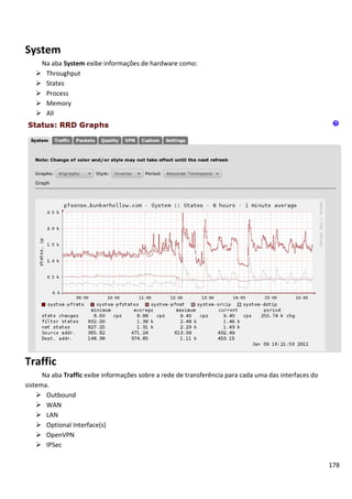 System
    Na aba System exibe informações de hardware como:
    Throughput
    States
    Process
    Memory
    All




Traffic
      Na aba Traffic exibe informações sobre a rede de transferência para cada uma das interfaces do
sistema.
     Outbound
     WAN
     LAN
     Optional Interface(s)
     OpenVPN
     IPSec

                                                                                                       178
 