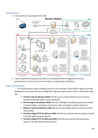 191
Como fazê-lo...
1. Vamos analisar nosso diagrama de rede
2. Neste cenário de um pequeno escritório, o firewall que temos no diagrama se encaixa
perfeitamente. Esse é o mais comum de todas as implantações do PfSense.
Como ele funciona...
Um firewall captura todo o tráfego que flui em uma interface. Vamos definir regras de firewall
baseado em como queremos que o tráfego flua. Algumas regras comuns entre a maioria das redes
são:
 Permitir tudo da LAN para WAN: Permite que os usuários tenham acesso externo,
usando serviço de e-mails, e assim por diante.
 Permite alguns da LAN para WAN: Permite a filtragem de saída de pacotes para limitar
o tipo de tráfego autorizado a sair de uma rede restringindo os dados maliciosos.
 Bloquear todos de WAN para LAN: Não permite que dados externos entrem na nossa
rede privada.
 Permitir tráfego HTTP da LAN para DMZ: Permite que usuários internos possam acessar
o servidor web da nossa empresa
 Permitir tráfego HTTP da WAN para DMZ: Permite que usuários externos possam
acessar o servidor web da nossa empresa
 