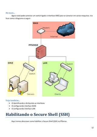 12
Há mais...
Agora você pode conectar um switch ligado à interface DMZ para se conectar em varias maquinas. Iria
ficar como o diagrama a seguir:
Veja também...
 O Identificando a Atribuindo as interfaces
 O configurando interface WAN
 O configurando interface LAN
Habilitando o Secure Shell (SSH)
Aqui iremos descrever como habilitar o Secure Shell (SSH) no PfSense.
 