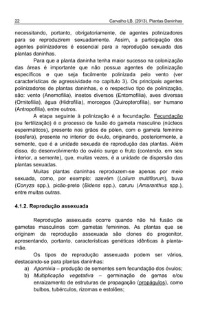 22 Carvalho LB. (2013). Plantas Daninhas
necessitando, portanto, obrigatoriamente, de agentes polinizadores
para se reproduzirem sexuadamente. Assim, a participação dos
agentes polinizadores é essencial para a reprodução sexuada das
plantas daninhas.
Para que a planta daninha tenha maior sucesso na colonização
das áreas é importante que não possua agentes de polinização
específicos e que seja facilmente polinizada pelo vento (ver
características de agressividade no capítulo 3). Os principais agentes
polinizadores de plantas daninhas, e o respectivo tipo de polinização,
são: vento (Anemofilia), insetos diversos (Entomofilia), aves diversas
(Ornitofilia), água (Hidrofilia), morcegos (Quiropterofilia), ser humano
(Antropofilia), entre outros.
A etapa seguinte à polinização é a fecundação. Fecundação
(ou fertilização) é o processo de fusão do gameta masculino (núcleos
espermáticos), presente nos grãos de pólen, com o gameta feminino
(oosfera), presente no interior do óvulo, originando, posteriormente, a
semente, que é a unidade sexuada de reprodução das plantas. Além
disso, do desenvolvimento do ovário surge o fruto (contendo, em seu
interior, a semente), que, muitas vezes, é a unidade de dispersão das
plantas sexuadas.
Muitas plantas daninhas reproduzem-se apenas por meio
sexuada, como, por exemplo: azevém (Lolium multiflorum), buva
(Conyza spp.), picão-preto (Bidens spp.), caruru (Amaranthus spp.),
entre muitas outras.
4.1.2. Reprodução assexuada
Reprodução assexuada ocorre quando não há fusão de
gametas masculinos com gametas femininos. As plantas que se
originam da reprodução assexuada são clones do progenitor,
apresentando, portanto, características genéticas idênticas à planta-
mãe.
Os tipos de reprodução assexuada podem ser vários,
destacando-se para plantas daninhas:
a) Apomixia – produção de sementes sem fecundação dos óvulos;
b) Multiplicação vegetativa – germinação de gemas e/ou
enraizamento de estruturas de propagação (propágulos), como
bulbos, tubérculos, rizomas e estolões;
 