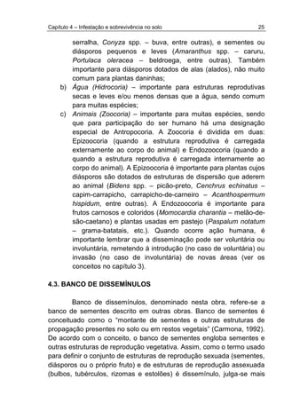 Capítulo 4 – Infestação e sobrevivência no solo 25
serralha, Conyza spp. – buva, entre outras), e sementes ou
diásporos pequenos e leves (Amaranthus spp. – caruru,
Portulaca oleracea – beldroega, entre outras). Também
importante para diásporos dotados de alas (alados), não muito
comum para plantas daninhas;
b) Água (Hidrocoria) – importante para estruturas reprodutivas
secas e leves e/ou menos densas que a água, sendo comum
para muitas espécies;
c) Animais (Zoocoria) – importante para muitas espécies, sendo
que para participação do ser humano há uma designação
especial de Antropocoria. A Zoocoria é dividida em duas:
Epizoocoria (quando a estrutura reprodutiva é carregada
externamente ao corpo do animal) e Endozoocoria (quando a
quando a estrutura reprodutiva é carregada internamente ao
corpo do animal). A Epizoocoria é importante para plantas cujos
diásporos são dotados de estruturas de dispersão que aderem
ao animal (Bidens spp. – picão-preto, Cenchrus echinatus –
capim-carrapicho, carrapicho-de-carneiro – Acanthospermum
hispidum, entre outras). A Endozoocoria é importante para
frutos carnosos e coloridos (Momocardia charantia – melão-de-
são-caetano) e plantas usadas em pastejo (Paspalum notatum
– grama-batatais, etc.). Quando ocorre ação humana, é
importante lembrar que a disseminação pode ser voluntária ou
involuntária, remetendo à introdução (no caso de voluntária) ou
invasão (no caso de involuntária) de novas áreas (ver os
conceitos no capítulo 3).
4.3. BANCO DE DISSEMÍNULOS
Banco de dissemínulos, denominado nesta obra, refere-se a
banco de sementes descrito em outras obras. Banco de sementes é
conceituado como o “montante de sementes e outras estruturas de
propagação presentes no solo ou em restos vegetais” (Carmona, 1992).
De acordo com o conceito, o banco de sementes engloba sementes e
outras estruturas de reprodução vegetativa. Assim, como o termo usado
para definir o conjunto de estruturas de reprodução sexuada (sementes,
diásporos ou o próprio fruto) e de estruturas de reprodução assexuada
(bulbos, tubérculos, rizomas e estolões) é dissemínulo, julga-se mais
 
