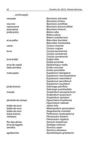 42 Carvalho LB. (2013). Plantas Daninhas
...continuação
carqueja Baccharis articulata
Baccharis trimera
mio-mio Baccharis coridifolia
vassoureira Baccharis dracunculifolia
assa-peixe Baccharis trinervis
picão-preto Bidens alba
Bidens pilosa
Bidens subalternans
erva-palha Blainvillea biaristata
Blainvillea rhomboidea
cardo Cirsium arvense
Cirsium vulgare
buva Conyza bonariensis
Conyza canadensis
Conyza sumatrensis
erva-botão Eclipta Alba
Eclipta prostrata
erva-de-veado Elephantopus mollis
falsa-serralha Emilia coccínea
Emilia sonchifolia
mata-pasto Eupatorium laevigatum
Eupatorium macrocephalum
Eupatorium maximilianii
Eupatorium pauciflorum
Eupatorium squalidum
picão-branco Galinsoga parviflora
Galinsoga quadriradiata
macela Gnaphalium pensylvanicum
Gnaphalium purpureum
Gnaphalium spicatum
almeirão-do-campo Hypochaeris brasiliensis
Hypochaeris radicata
botão-de-ouro Jaeria hirta
botão-de-ouro Melampodium paniculatum
botão-de-ouro Siegesbeckia orientalis
losna-branca Parthenium hysterophorus
verbasco Pterocaulon lanatum
Pterocaulon virgatum
flor-das-almas Senecio brasiliensis
erva-de-lagarto Solidago chilensis
serralha Sonchus asper
Sonchus oleraceus
agriãozinho Synedrellopsis grisebachii
 