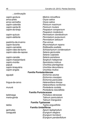 48 Carvalho LB. (2013). Plantas Daninhas
...continuação
capim-gordura Melinis minutiflora
arroz-preto Oryza sativa
arroz-vermelho Oryza sativa
capim-colonião Panicum maximum
capim-santa-fé Panicum rivulare
capim-do-brejo Paspalum conspersum
Paspalum modestum
capim-quicuio Pennisetum clandestinum
capim-elefante Pennisetum purpureum
Pennisetum setosum
pastinho-de-inverno Poa annua
capim-favorito Rhynchelytrum repens
capim-camalote Rottboellia exaltata
capim-rabo-de-burro Schizachyrium condensatum
capim-rabo-de-raposa Setaria geniculata
Setaria vulpiseta
capim-canoão Setaria poiretiana
capim-massambará Sorghum halepense
capim-moirão Sporobolus indicus
papuã Urochloa plantaginea
capim-braquiária Urochloa decumbens
capim-angola Urochloa mutica
Família Pontederidaceae
aguapé Eichornia azurea
Eichornia crassipes
Eichornia paniculata
língua-de-cervo Heteranthera limosa
Heteranthera reniformis
mururé Pontederia cordata
Pontederia rotundifolia
Família Portulacaceae
beldroega Portulaca oleraceae
maria-gorda Talinum paniculatum
Talinum triangulare
Família Typhaceae
tabôa Typha angustifolia
Família Umbeliferae
gertrudes Apium leptophyllum
caraguatá Eryngium elegans
Eryngium horridum
Eryngium pandanifolium
 