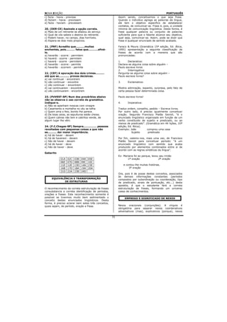 NOVA EDIÇÃO                                                                                       PORTUGUÊS
c) fazia - havia - previsse                                 Assim sendo, conceituemos o que seja frase.
d) faziam - havia - previssem                               Quando o indivíduo agrega as palavras da língua,
e) fazia - haviam - prevessem                               ele tem o objetivo específico de estabelecer
                                                            contatos, de comunicar-se. Frase é, pois, a unidade
20. (DER-CE) Assinale a opção correta.                      mínima de comunicação lingüística. Desta forma, é
a) Mais de um retirante se afastou do serviço               frase qualquer palavra ou conjunto de palavras
b) Qual de vós sabeis o destino do retirante.               suficiente para que o falante alcance seu objetivo,
c) Podem haver, no campo, dias horríveis.                   qual seja, comunicar-se. Assim, pode se dizer que
d) Espera-se dias mais propícios.                           frase é qualquer enunciado de sentido acabado.

21. (PRF) Acredito que..........muitas                      Faraco & Moura (Gramática 15ª edição, Ed. Ática,
enchentes, pois.......... fatos que...........afiná-        1995) apresentação a seguinte classificação de
lo.                                                         frases de acordo com a maneira que são
a) haverão - ocorre - permitem                              pronunciadas:
b) haverá - ocorre - permitem
c) haverá - ocorre - permitem                               1.      Declarativa:
d) haverão - ocorre - permite                               Declara-se alguma coisa sobre alguém –
e) haverão - ocorrem - permite                              Paulo escreve livros
                                                            2.      Interrogativa:
22. (CEF) A apuração dos dois crimes..........              Pergunta-se alguma coisa sobre alguém –
até que se............ provas decisivas.                    Paulo escreve livros?
a) vai continuar - encontrem
b) vão continuar - encontre                                 3.      Exclamativa:
c) vão continuar – encontrem
d) vai continuarem - encontrem                              Mostra admiração, espanto, surpresa, pelo fato de
e) vão continuarem - encontrem                              certa pessoa fazer determinada coisa.

23. (FUVEST-SP) Num dos provérbios abaixo                   Paulo escreve livros!
não se observa o uso correto da gramática.
Indique-o.                                                  4.      Imperativa:
a) Não se apanham moscas com vinagre
b) Casamento e mortalha no céu se talha                     Traduz ordem, conselho, pedido – Escreva livros.
c) Quem ama o feio, bonito lhe parece.                      Por outro lado, é preciso igualmente conceituar
d) De boas ceias, as sepulturas estão cheias.               oração. Segundo Francisco Platão Savioli, “é o
e) Quem cabras não tem e cabritos vende, de                 enunciado lingüístico organizado em função de um
algum lugar lhe vêm.                                        verbo constituído de sujeito e predicado, ou ao
                                                            menos de predicado”. (Gramática em 44 lições, 10ª
24. (F.C.Chagas-SP) Sempre............... pessoas           edição, Ed. Ática).
revoltadas com pequenas coisas a que não                    Exemplo: João          comprou uma casa
se.......... dar maior importância.                                   Sujeito       predicado
a) há de haver - devem
b) há de haverem - devem                                    Por fim, valemo-nos, mais uma vez, de Francisco
c) hão de haver - devem                                     Platão Savioli para conceituar período: “é um
d) há de haver - deve                                       enunciado lingüístico com sentido que acaba
e) hão de haver - deve                                      produzido por elementos combinados entre si de
                                                            acordo com as regras sintáticas da língua”.
Gabarito
                                                            Ex: Mariana foi ao parque, levou seu irmão
             01A   02C   03B   04A   05E                           1ª oração                2ª oração
             06E   07D   08B   09C   10C
             11E   12E   13D   14A   15E                         e contou-lhe muitas histórias.
             16B   17D   18A   19A   20A                             3ª oração
             21D   22A   23B   24D
                                                            Ora, pois é de posse destes conceitos, associados
                                                            às demais informações constantes (períodos
      EQUIVALÊNCIA E TRANSFORMAÇÃO                          compostos por subordinação ou coordenação, tipo
              DE ESTRUTURAS                                 de predicado, sinais de pontuação, etc...) desta
                                                            apostila, é que o estudante fará a correta
O reconhecimento da correta estruturação de frases          estruturação de frases, formando um universo
consubstancia a correta identificação de períodos,          coeso de conhecimentos.
orações e frases. Este reconhecimento somente é
possível se tivermos muito bem sedimentado o                     EMPREGO E SIGNIFICADO DE NEXOS
conceito destes enunciados lingüísticos. Desta
forma, é preciso aclarar bem estes três conceitos,
quais sejam, de período, oração e frase.                    Nexos oracionais (conjunções). A vírgula é
                                                            obrigatória para separar nexos coordenativos
                                                            adversativos (mas), explicativos (porque), nexos

                                                       31
 