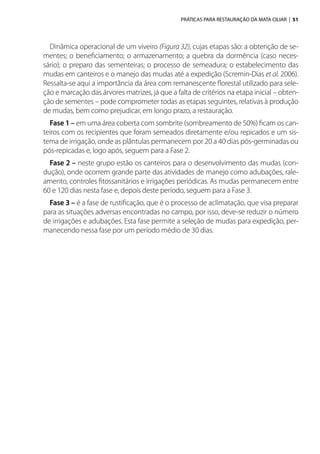 PRÁTICAS PARA RESTAURAÇÃO DA MATA CILIAR | 51
Dinâmica operacional de um viveiro (Figura 32), cujas etapas são: a obtenção de se-
mentes; o beneficiamento; o armazenamento; a quebra da dormência (caso neces-
sário); o preparo das sementeiras; o processo de semeadura; o estabelecimento das
mudas em canteiros e o manejo das mudas até a expedição (Scremin-Dias et al. 2006).
Ressalta-se aqui a importância da área com remanescente florestal utilizado para sele-
ção e marcação das árvores matrizes, já que a falta de critérios na etapa inicial – obten-
ção de sementes – pode comprometer todas as etapas seguintes, relativas à produção
de mudas, bem como prejudicar, em longo prazo, a restauração.
Fase 1 – em uma área coberta com sombrite (sombreamento de 50%) ficam os can-
teiros com os recipientes que foram semeados diretamente e/ou repicados e um sis-
tema de irrigação, onde as plântulas permanecem por 20 a 40 dias pós-germinadas ou
pós-repicadas e, logo após, seguem para a Fase 2.
Fase 2 – neste grupo estão os canteiros para o desenvolvimento das mudas (con-
dução), onde ocorrem grande parte das atividades de manejo como adubações, rale-
amento, controles fitossanitários e irrigações periódicas. As mudas permanecem entre
60 e 120 dias nesta fase e, depois deste período, seguem para a Fase 3.
Fase 3 – é a fase de rustificação, que é o processo de aclimatação, que visa preparar
para as situações adversas encontradas no campo, por isso, deve-se reduzir o número
de irrigações e adubações. Esta fase permite a seleção de mudas para expedição, per-
manecendo nessa fase por um período médio de 30 dias.
 