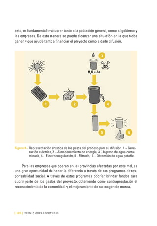 [ 126 ] PRE M IO ODE B REC HT 2013
esto, es fundamental involucrar tanto a la población general, como al gobierno y
las empresas. De esta manera se puede alcanzar una situación en la que todos
ganen y que ayude tanto a financiar el proyecto como a darle difusión.
Figura 8 – Representación artística de los pasos del proceso para su difusión. 1 – Gene-
ración eléctrica, 2 – Almacenamiento de energía, 3 – Ingreso de agua conta-
minada, 4 – Electrocoagulación, 5 – Filtrado, 6 – Obtención de agua potable.
Para las empresas que operan en las provincias afectadas por este mal, es
una gran oportunidad de hacer la diferencia a través de sus programas de res-
ponsabilidad social. A través de estos programas podrían brindar fondos para
cubrir parte de los gastos del proyecto, obteniendo como contraprestación el
reconocimiento de la comunidad y el mejoramiento de su imagen de marca.
H2
O + As
1 2 4
3
5 6
 