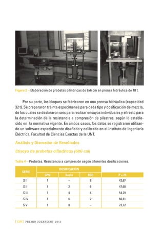 [ 138 ] PRE M IO ODE B REC HT 2013
Figura 2 – Elaboración de probetas cilíndricas de 6x6 cm en prensa hidráulica de 10 t.
Por su parte, los bloques se fabricaron en una prensa hidráulica (capacidad
32 t). Se prepararon treinta especímenes para cada tipo y dosificación de mezcla,
de los cuales se destinaron seis para realizar ensayos individuales y el resto para
la determinación de la resistencia a compresión de pilastras, según lo estable-
cido en la normativa vigente. En ambos casos, los datos se registraron utilizan-
do un software especialmente diseñado y calibrado en el Instituto de Ingeniería
Eléctrica, Facultad de Ciencias Exactas de la UNT.
Análisis y Discusión de Resultados
Ensayo de probetas cilíndricas (6x6 cm)
Tabla 4 – Probetas. Resistencia a compresión según diferentes dosificaciones.
SERIE
DOSIFICACIÓN
CPN Suelo RCD P = 25
S I 1 – 8 42,67
S II 1 2 6 47,60
S III 1 4 4 54,29
S IV 1 6 2 66,81
S V 1 8 – 73,72
 
