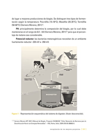 recopilación de los mejores proyectos [ 161 ]
do lugar a mayores producciones de biogás. Se distinguen tres tipos de fermen-
tación según la temperatura: Psicrófila (15-18°C); Mesófila (25-35°C); Termófila
(50-60°C) (Varnero Moreno, 2011)11
.
PH: principalmente determina la composición del biogás, por lo cual debe
mantenerse en el rango de 6.0 – 8.0 (Varnero Moreno, 2011)12
para que el porcen-
taje de metano sea considerable.
Potencial reductor: las bacterias metanogénicas necesitan de un ambiente
fuertemente reductor -220 mV a -350 mV.
Figura 1 – Representación esquemática del sistema de digestor. (Autor desconocido).
11-12
Varnero Moreno MT (2011) Manual de Biogás. Proyecto CHI/00/G32 “Chile: Remoción de Barreras para la
Electrificación Rural con Energías Renovables” – FAO, Roma, Italia, ISBN 978-95-306892-0.
 