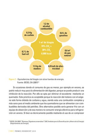 [ 164 ] PRE M IO ODE B REC HT 2013
Figura 2 – Equivalencias del biogás con otras fuentes de energía.
Fuente: BESEL SA (2007)13
En ocasiones donde el consumo de gas es menor, por ejemplo en verano, se
podrá reducir muy poco la alimentación del digestor, porque se puede producir una
inhibición de la reacción. Por ello se opta por eliminar el excedente mediante un
quemador. Esta práctica es aceptable porque la reacción del metano con el oxíge-
no solo forma dióxido de carbono y agua, siendo esta una combustión completa y
más sana para el medio ambiente que los quemadores que se alimentan con com-
bustibles derivados del petróleo. Otra alternativa posible sería generar frío con un
equipo de absorción y de esa manera no consumir energía eléctrica para refrigera-
ción en verano. Si bien es técnicamente posible mediante el uso de un compresor
13	
BESEL SA (2007) “Biomasa: Digestores anaerobios” DAE (Instituto para la Diversificación y Ahorro de la Energía)
(Departamento de Energía).
1,2 de
alcohol
combustible
1 m3
de biogás
70% CH3
+
30% CO2
6.000 kcal
0,8 L de
gasolina
0,6 m3
de gas
natural
6,8 kwh de elec-
tricidad
1,5 kg de
madera
0,7 L de
fuel-oil
0,3 Kg
de carbón
 