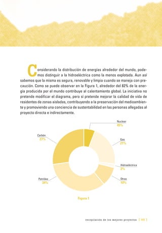 recopilación de los mejores proyectos [ 181 ]
Considerando la distribución de energías alrededor del mundo, pode-
mos distinguir a la hidroeléctrica como la menos explotada. Aun así
sabemos que la misma es segura, renovable y limpia cuando se maneja con pre-
caución. Como se puede observar en la Figura 1, alrededor del 82% de la ener-
gía producida por el mundo contribuye al calentamiento global. La iniciativa no
pretende modificar el diagrama, pero sí pretende mejorar la calidad de vida de
residentes de zonas aisladas, contribuyendo a la preservación del medioambien-
te y promoviendo una conciencia de sustentabilidad en las personas allegadas al
proyecto directa e indirectamente.
Figura 1
Nuclear
45%
Gas
21%
Hidroeléctrica
2%
Otras
10%
Carbón
27%
Petróleo
34%
 